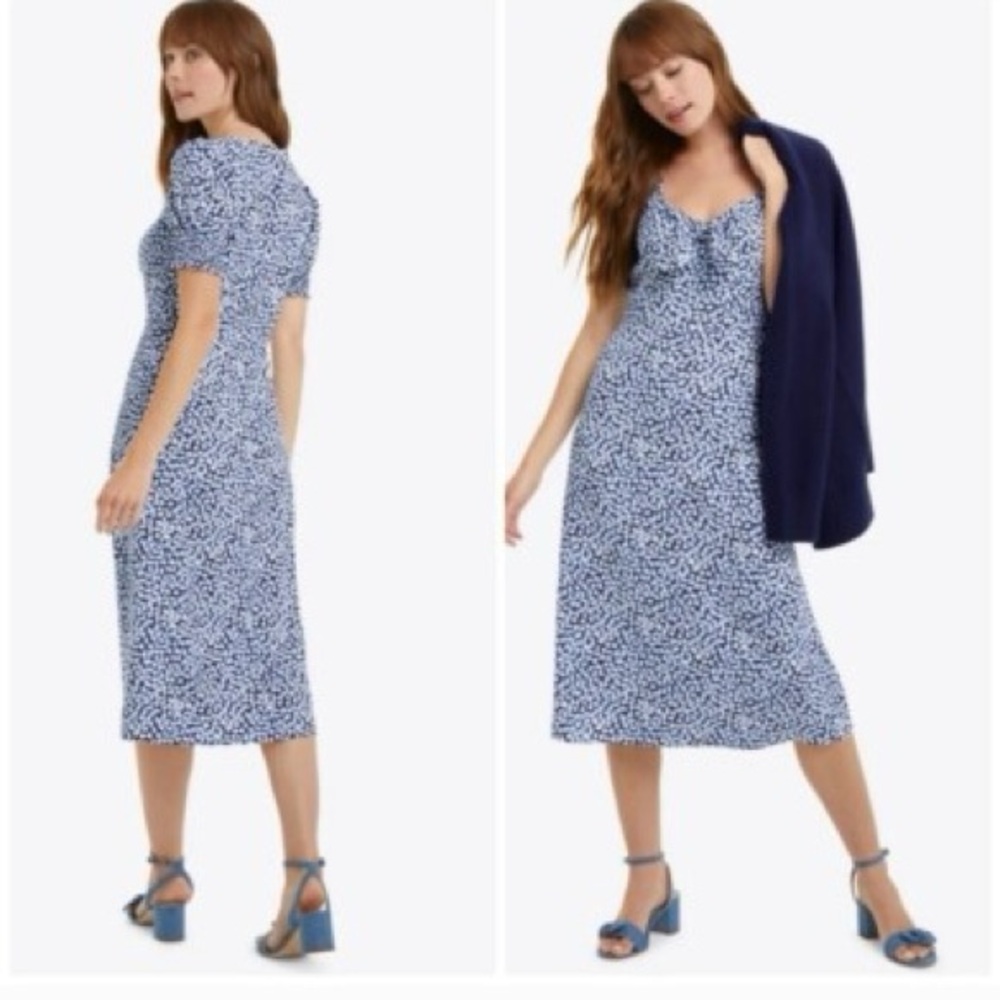 Draper James Patsy Dress Blue and White Printed Midi Dress with Puff Sleeves